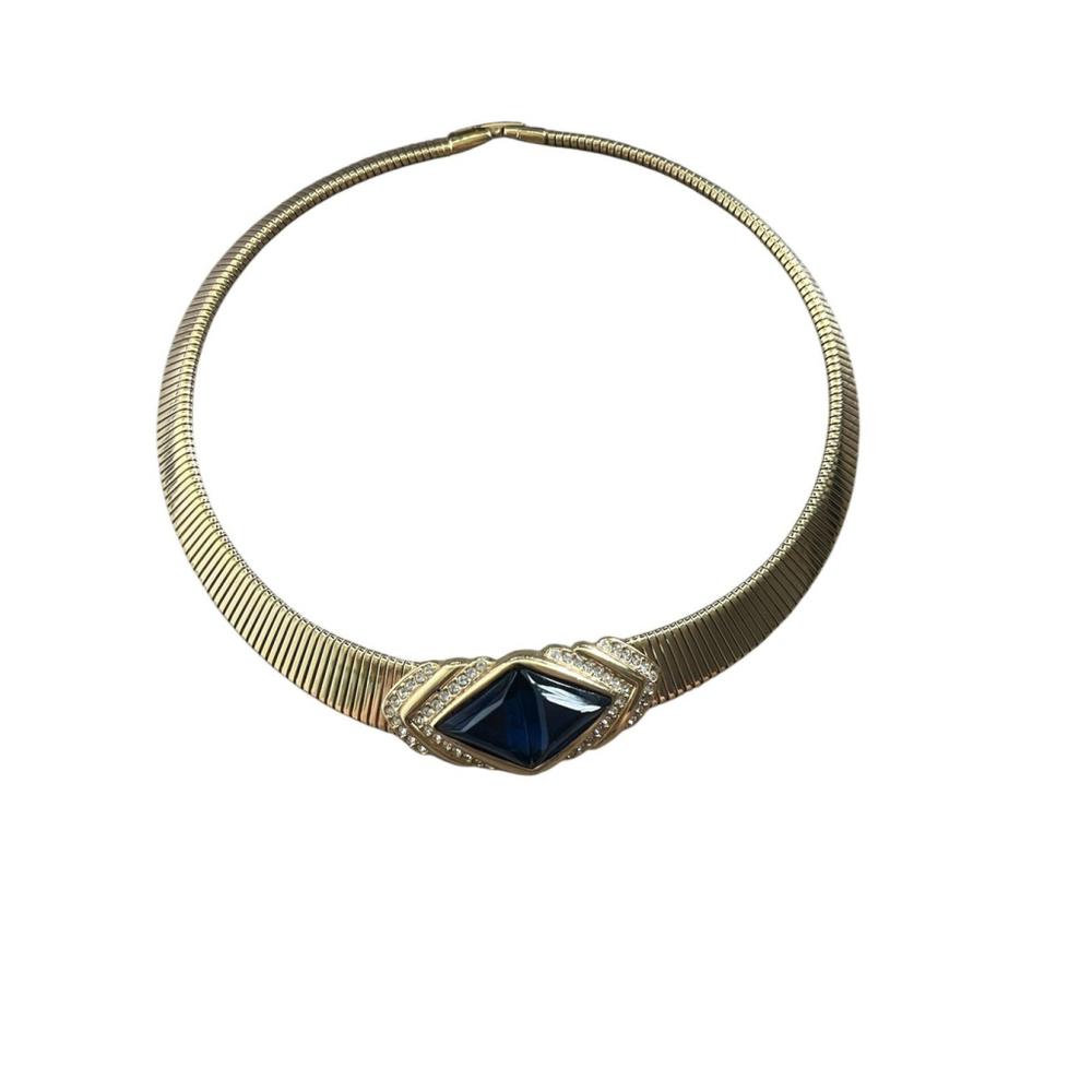 Rare Oscar De La Renta 1980s Necklace Vintage Omega Choker Blue Sapphire Glass